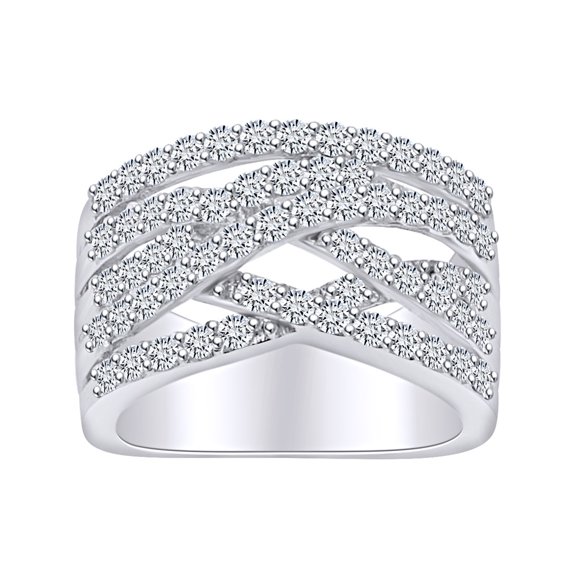 AFFY (1.53 Cttw) Round Shape White Natural Diamond Crisscross Anniversary Band Ring In 14k Solid White Gold Ring Size-5