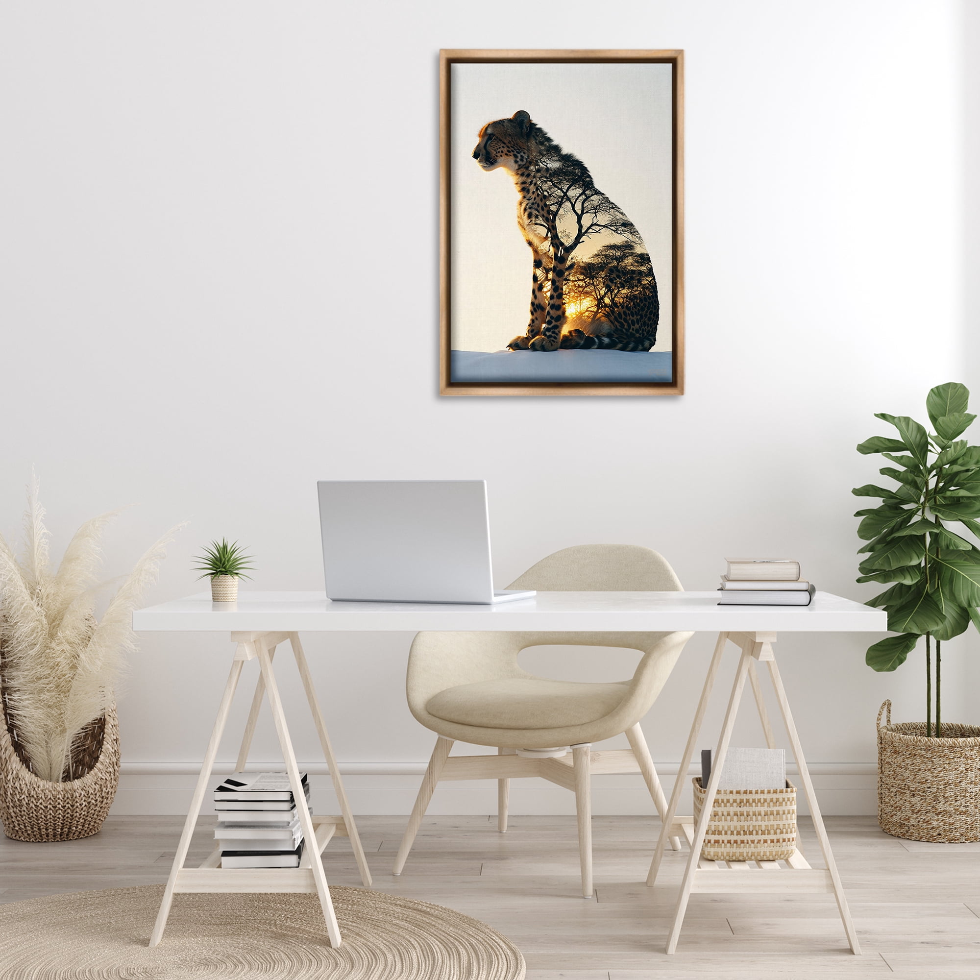 Stupell Industries Leopard with Silhouette Animals & Insects Painting Brown Floater Framed Canvas Art Print Wall Art, 21 x 31