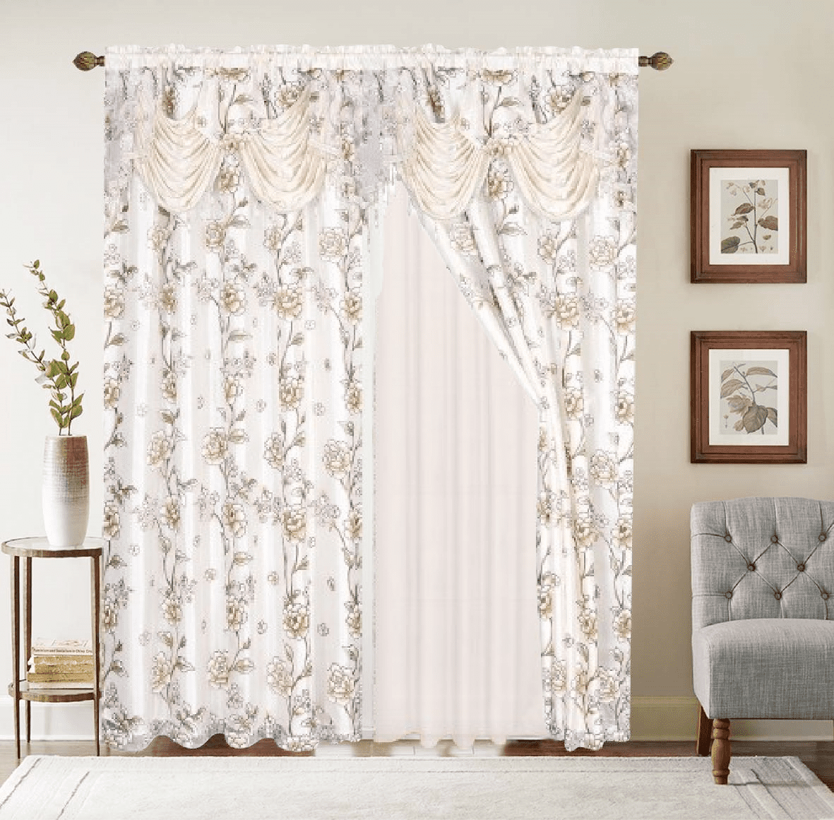 2 Piece Daniela Printed Flowers Luxury Jacquard Attached Valance with Long Crystals Beads and Tassels Window Curtain (54 inches wide x 84 inches long)
