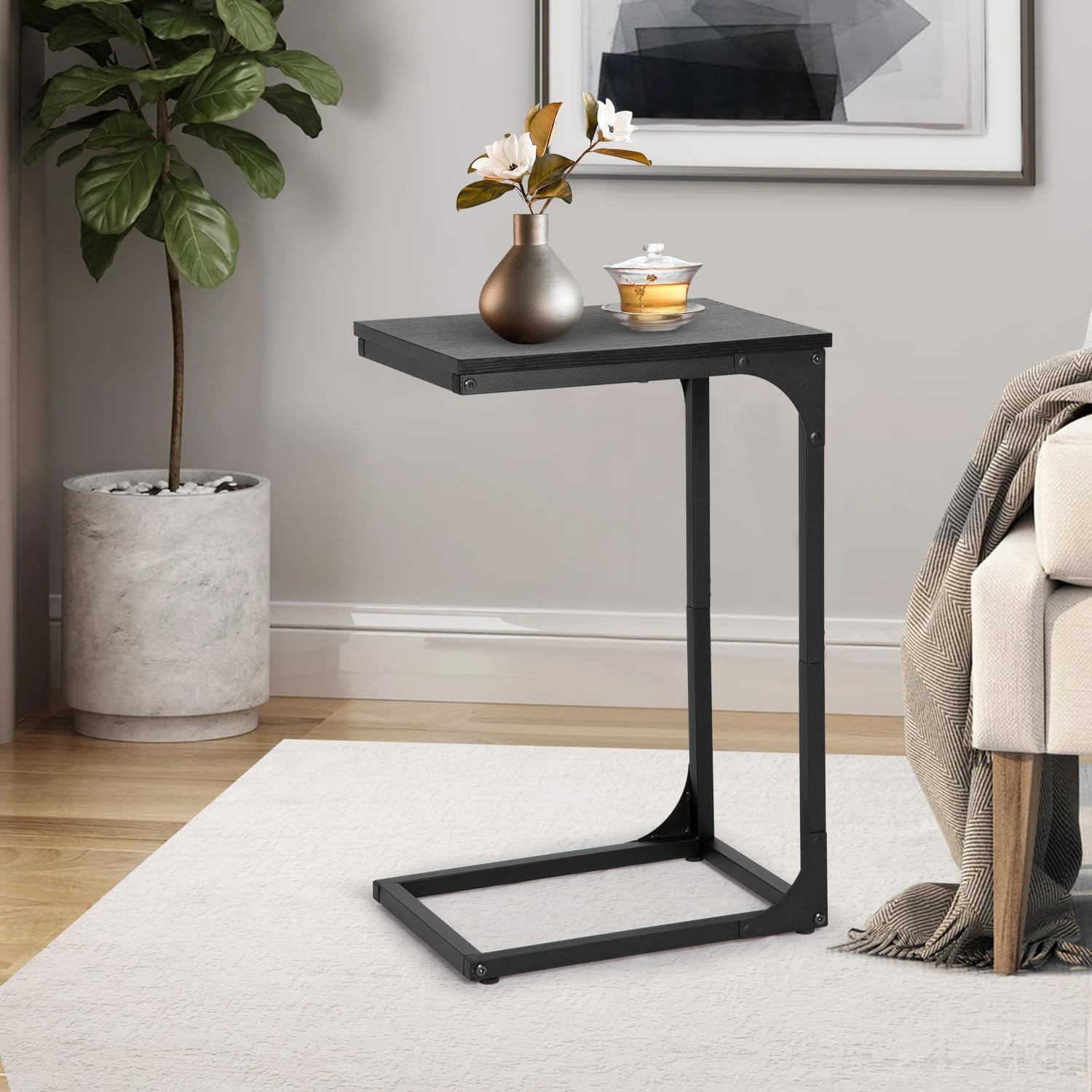 Dkelincs Set of 2 C Shaped Metal End Table with Adjustable Feet, Small Sofa Couch Side Table for Living Room Bedroom, Black