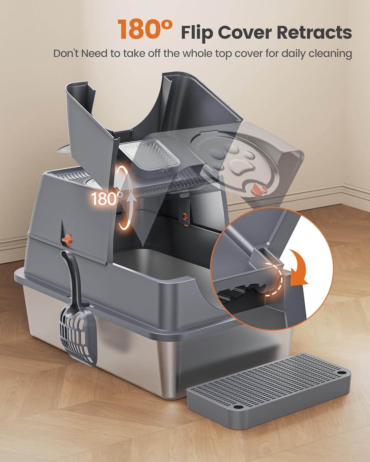 PetWhole Extra Large Stainless Steel Enclosed Cat Litter Box with Pedal, Scoop, Stickers, and Carbon Bag, Gray