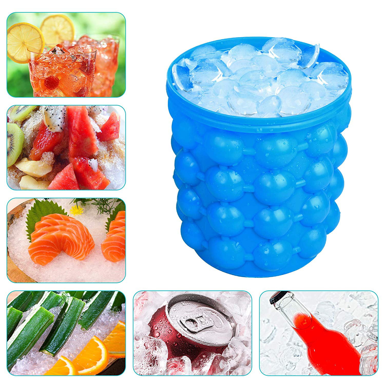 Ice Genie Silicone Ice Cubes Tray Moulds Bucket Reusable Round Ice Cube Maker Space Saving Tool with Lid for Party Travel Cocktails Beer Whiskey Ice Cube Maker 