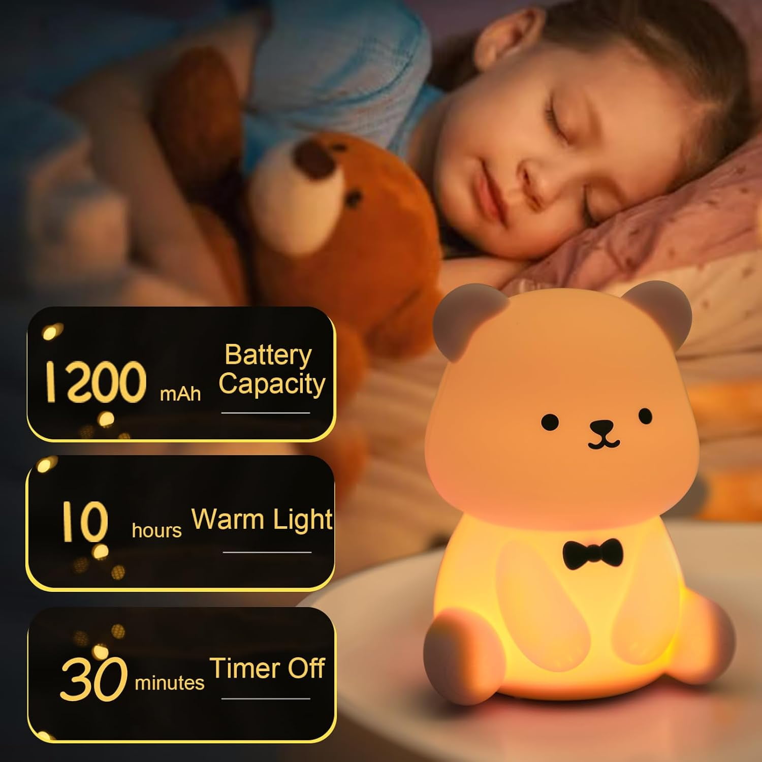 CATPAN Cute Bear Night Light, Kids Night Light for Boys Girls Bedroom USB Rechargeable Silicone Animal Light, Baby Nursery Beside Lamp, Bear Gifts