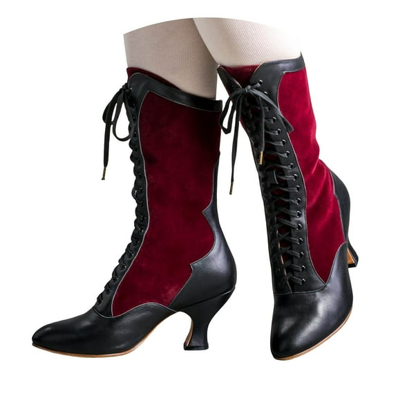IUJSOY Mid Calf Victorian Boots for Women Lace up Wide Calf Vintage Boots Witch Boots