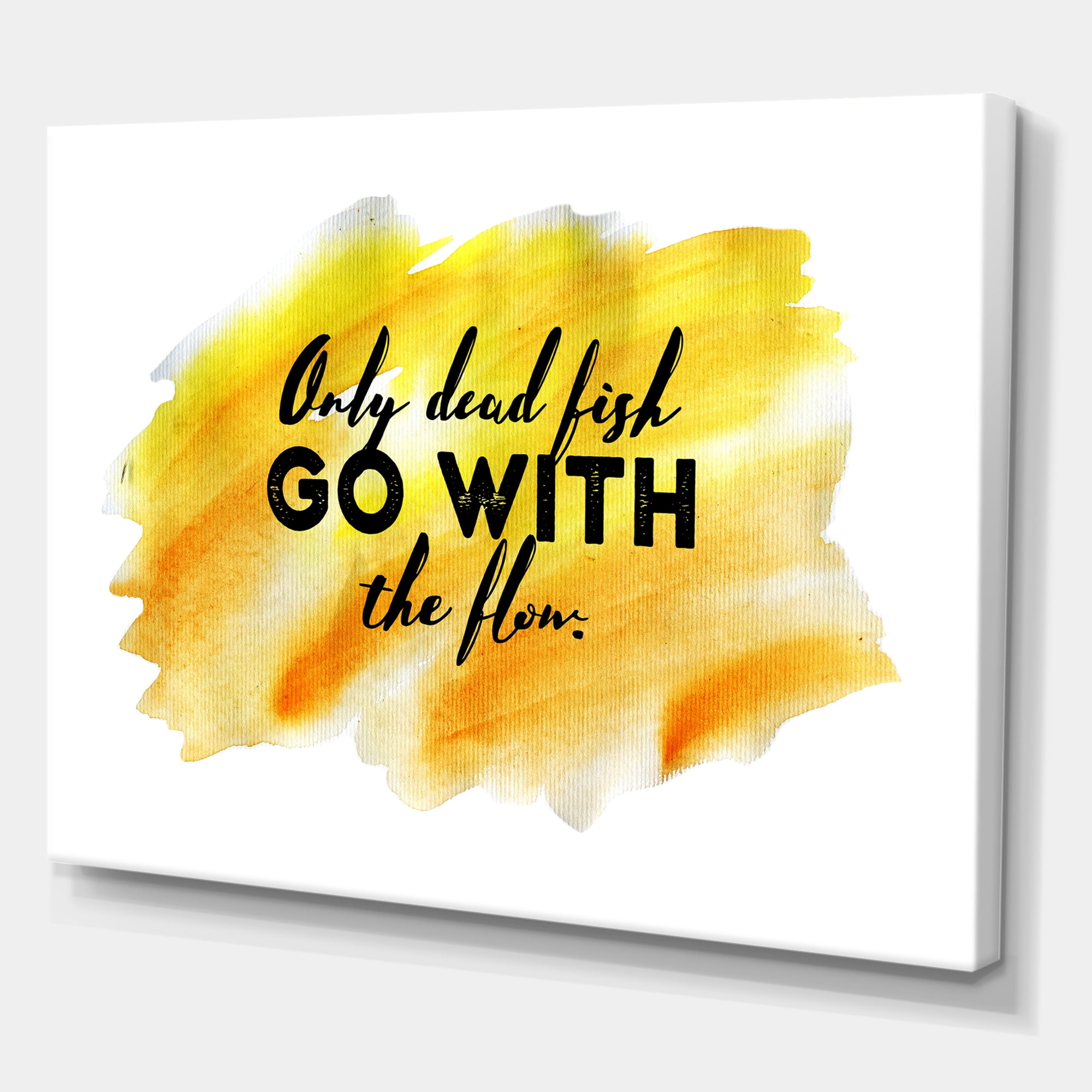 Designart ' Only Dead Fish Go With The Flow On Yellow Strokes ' Modern Canvas Wall Art Print