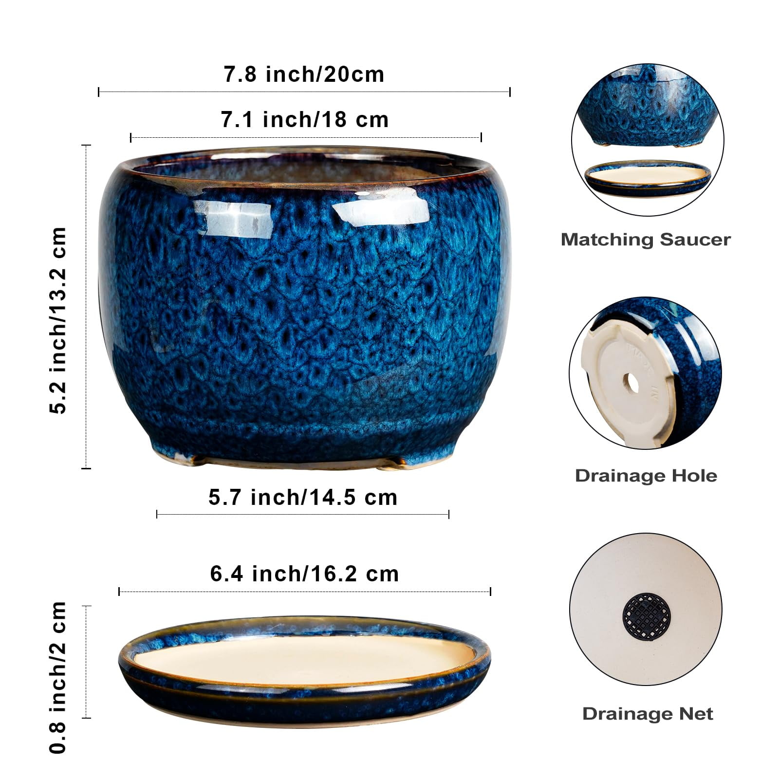 Flower Pots 8 inch, Modern Medium Round Ceramic Planter with Drainage, Gift for Women & Mom, for Orchids & Indoor Plants, Blue Glaze