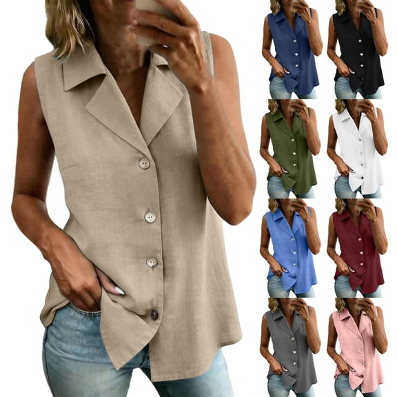 WAGUTH Women's Cotton Linen Button Down Shirts Sleeveless Notched Lapel Collar Casual Tank Top Blouses for Work Office