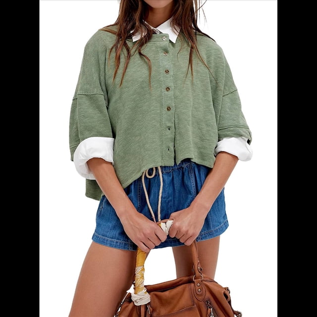 Suéter Corto con Botones Y2K para Mujer, Cárdigan de Color Liso con Cuello Redondo y Mangas , Top de Punto, Ropa de Calle. Verde M