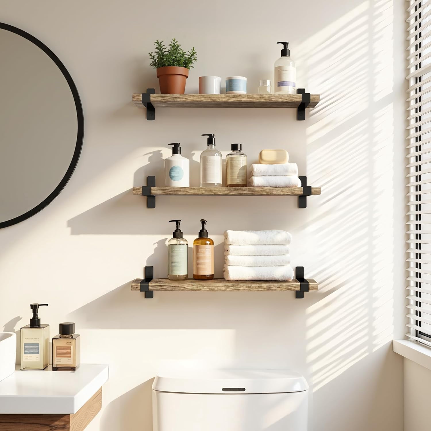 Afuly Rustic Floating Shelves for Wall, 16in Wood Floating Shelf Set of 3 , Brown Wall Shelves with Metal Brackets, Hanging Shelf for Living Room, Bathroom, Kitchen, Home Decor and Storage