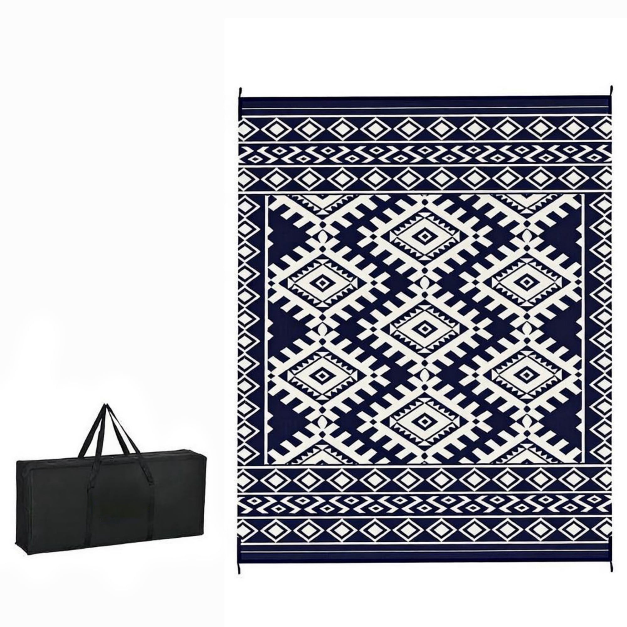 8' x 10' Waterproof Reversible Outdoor Rug: Blue White Rhombus Border Plastic Straw Rug with Carry Bag