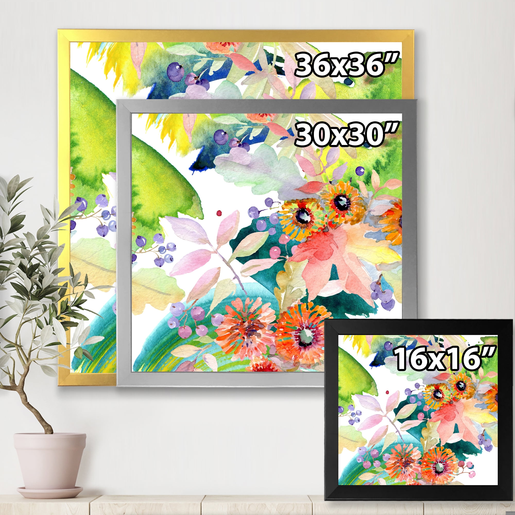 Vital Wild Spring Leaves and Wildflowers III 36 in x 36 in Framed Painting Canvas Art Print, by Designart