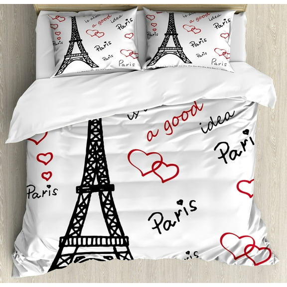 Ambesonne Eiffel Tower Duvet Cover Set, Popular Paris Saying, Calking, Red Black White