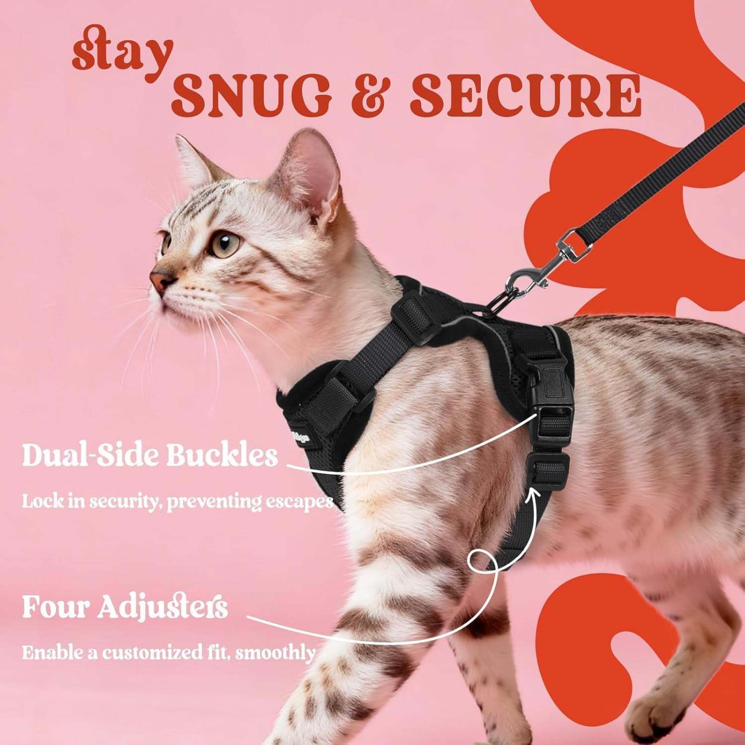 Cat Harness and Leash for Walking, Escape Proof Soft Adjustable Vest Harnesses for Cats, Easy Control Breathable Reflective Strips Jacket, Black, XS