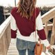 thumbnail image 3 of Top de punto para mujer, cuello redondo, mangas con hombros caídos, empalme de color, suéter de punto informal para primavera, otoño, invierno, rojo vino L, 3 of 5
