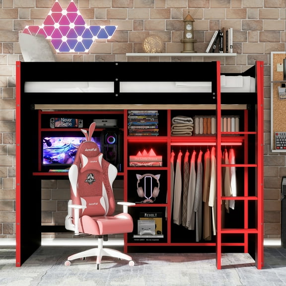 Full Size Wood Loft Bed with Desk,Open Wardrobe,Storage Compartments and RGB Lights,Red
