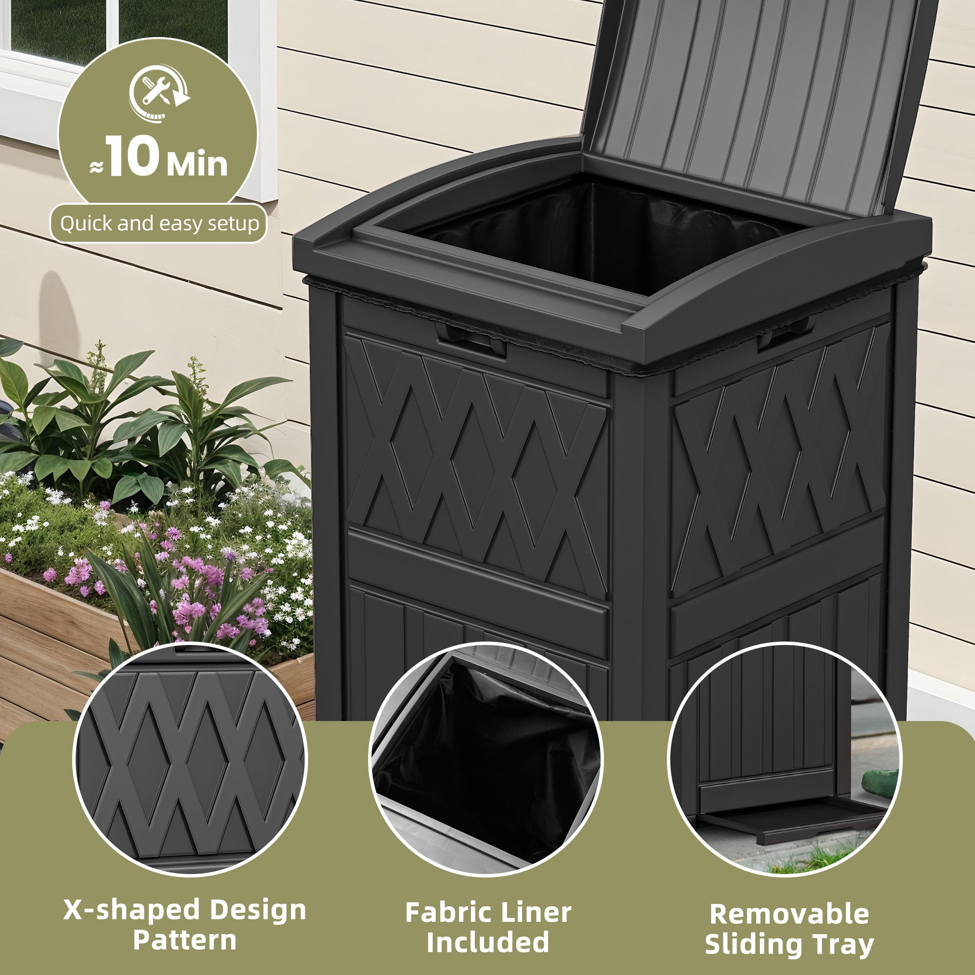 Uforic 32 Gallon Large Outdoor Trash Bin, Waterproof Garbage Can with Lid and Drip Tray for Porch, Backyard, Patio, Black