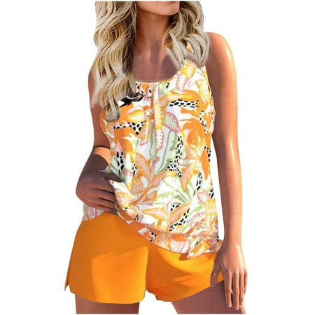YanHoo Tankini Swimsuit for Women Two Piece Bikini Tummy Control Bathing Suit 2 Piece Plus Size Camisole Top Swimwear with Boyshorts 2024 Summer Beach Bathing Suit Summer Sales Savings