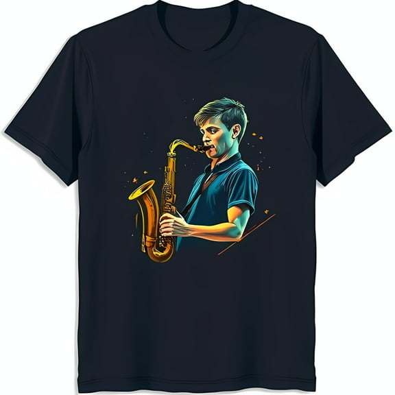 Vibrant Saxophone Player Graphic on Black T-Shirt Design with Golden Stars