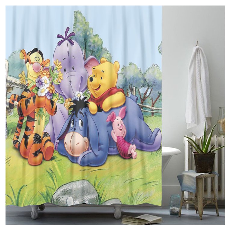 Shower Curtain M-150*180cm Winnie The Pooh Bathroom Decor Winnie The Pooh Aesthetic Modern Fabric Waterproof Shower Curtain Set with Hook, Size