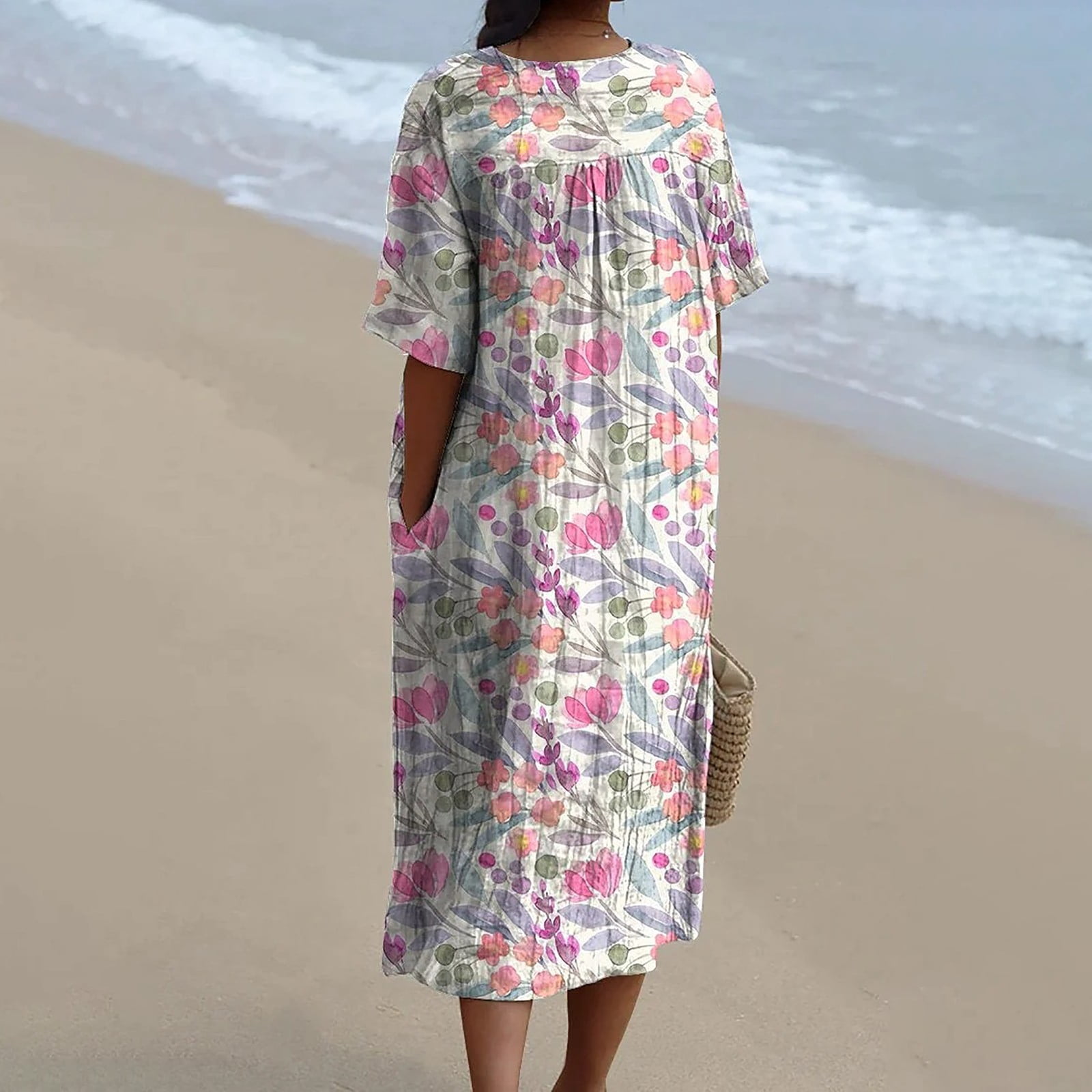 XVJRHAK Women's Vintage Floral Art Print Casual Flowing Dress With Pockets V Neck Dress (Pink,S)