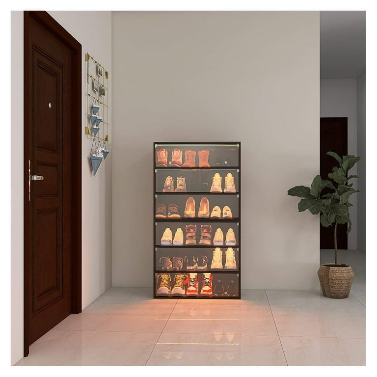 Shoe Storage Box, Wooden Stackable Shoe Storage Box with Sliding Glass  Door, Shoe Organizer Storage Box with RGB Led Light for Up To 6 Pairs of  Shoes, Shoe Storage Bin for Display