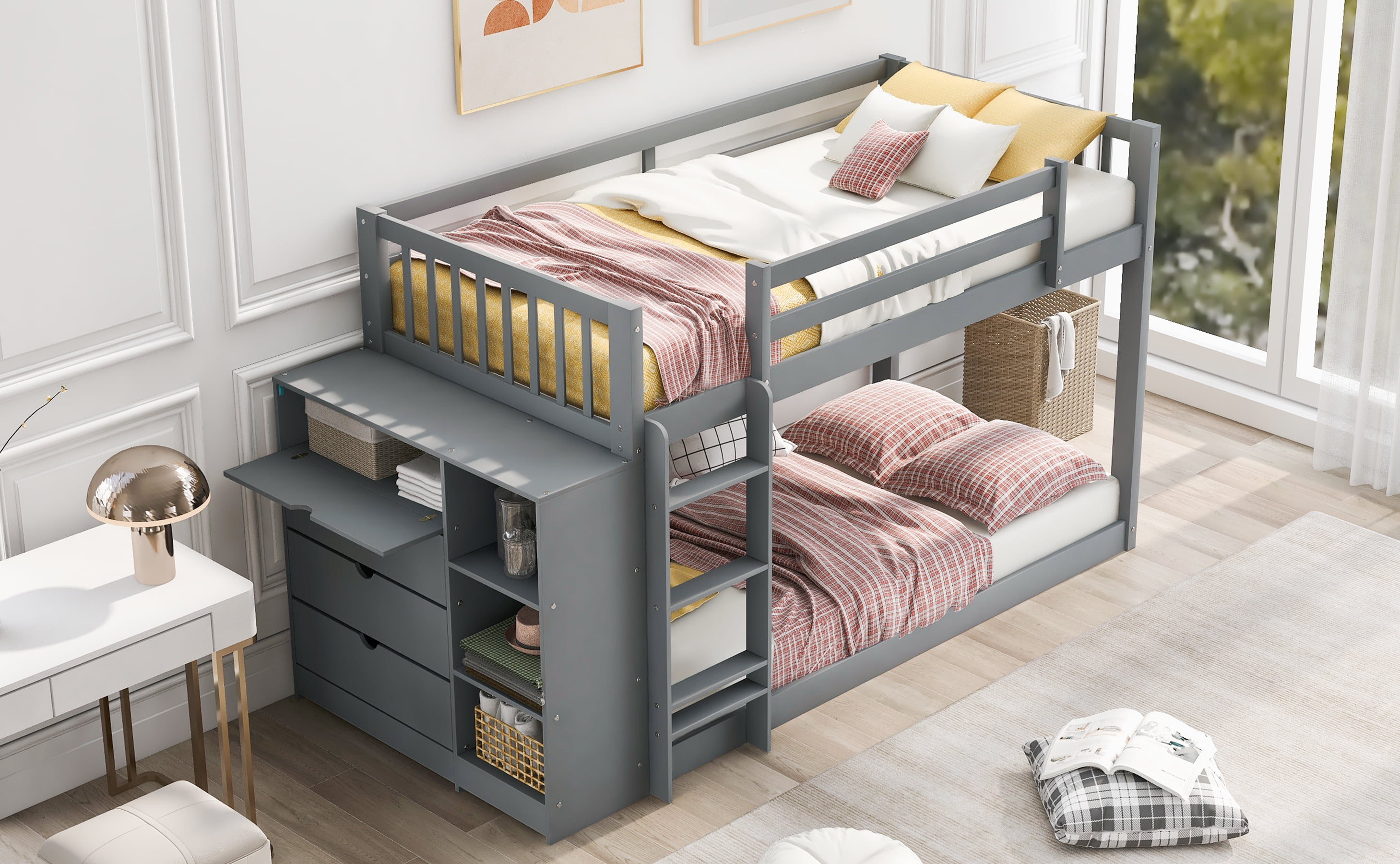 Leadzm Twin over Twin Bunk Bed with Attached Cabinet and Shelves ...