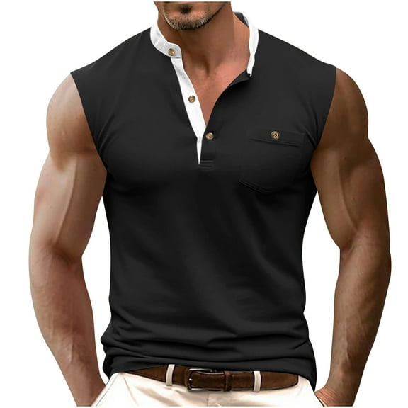 Wyobmus Mens Sleeveless Shirts Casual Button Up Henley Shirts Solid Color Gym Stand Collar Cut Off Beach Summer Tee S-3X Black