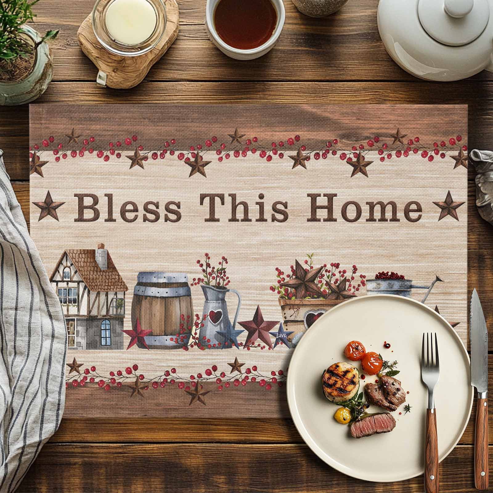 Placemats Set of 4, Western Star Texas Placemats Set of 4, Red Berry Farmhouse Wood Grain Tablemats Placemat Table Decoration for Kitchen Table Dinner Party Home Decor Indoor Outdoor 13x19 Inch
