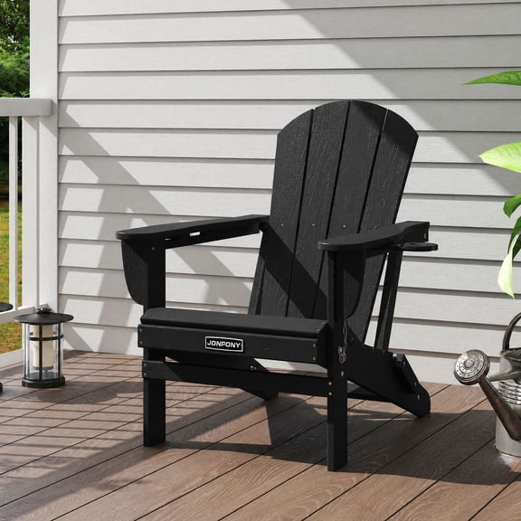 JONPONY Folding Adirondack Chair - HDPE All-Weather Outdoor Chairs, Patio Chairs Outdoor Wood Like Adirondack Chair for Backyard, Camping, Pool & Fire Pit,Black