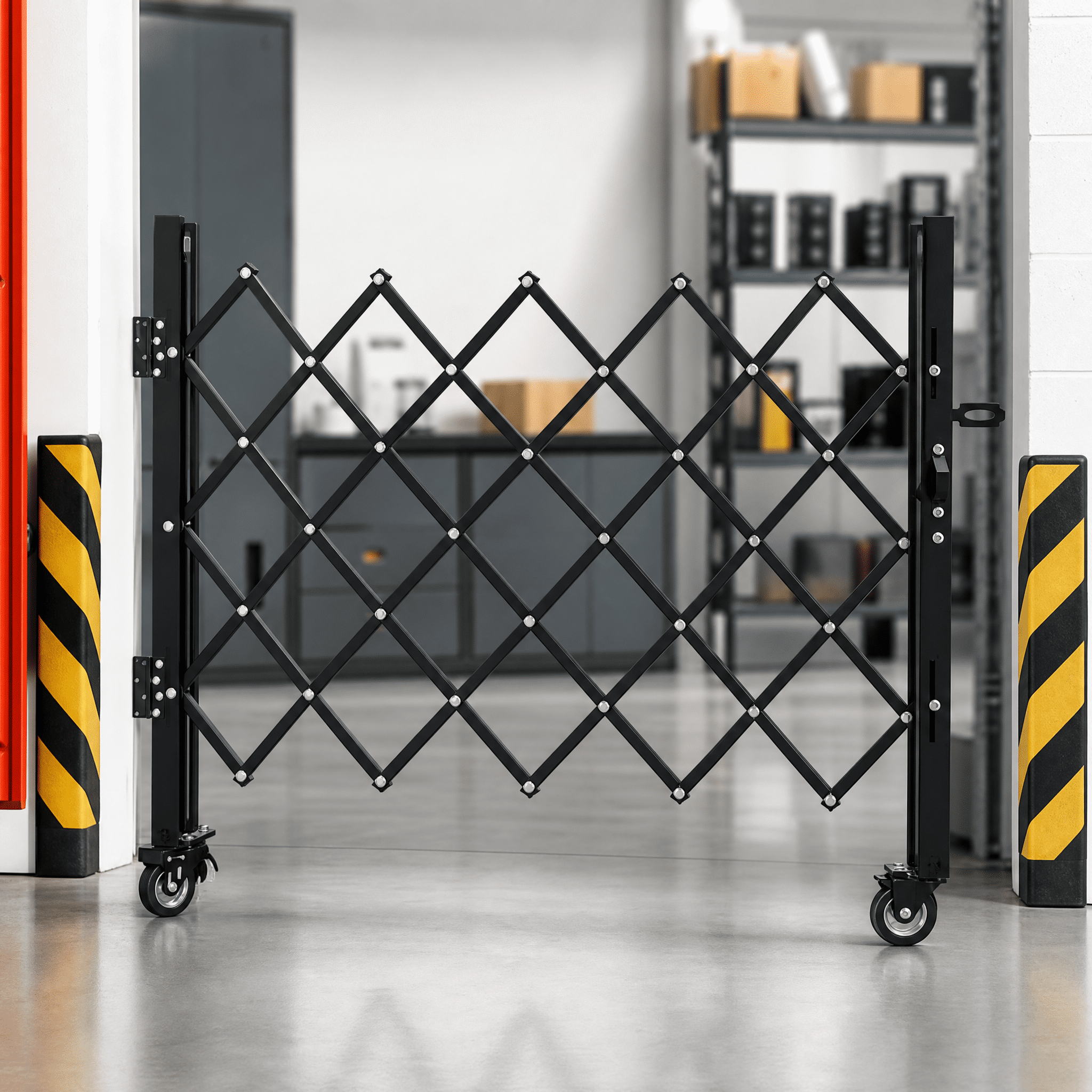 Foldable Security Gate, Expandable Safety Barrier with 360° Swivel Casters Lockable Design, Portable Mobile Rolling Barricade for Garage, Warehouse, Driveway and Pool Areas (51.57" H x 74" W)