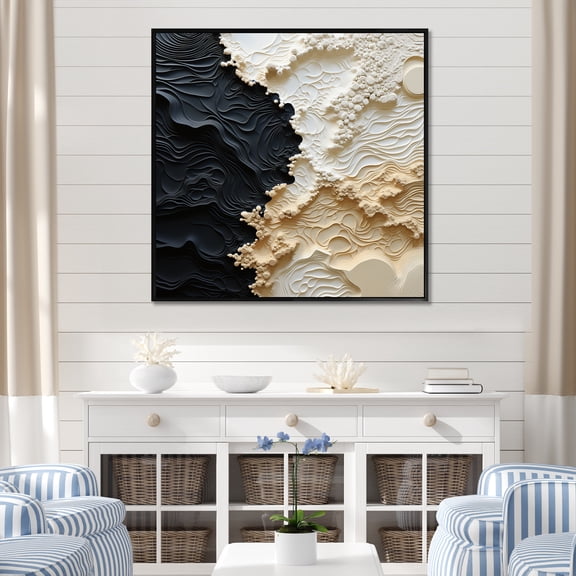 Designart "Abstract Ivory And Ebony Fluid Art" Coastal Floater Framed Wall Decor