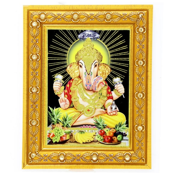 Bm Traders Vintage Ganesh Golden Art Work Colour Photo In Golden Wall Hanging-/-TableTop Frame (7.50 X 9.50 Inch) OR (19.05 X 24.13 Cm) Religious Gifting