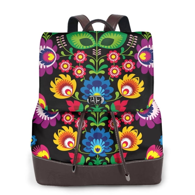 Balery Traditional Floral Polish Mochila de Cuero para Mujeres, Gran Capacidad, Bolsa de Viaje Multifuncional, Mochila de Cuero y Bolsa de Hombro para Mujeres