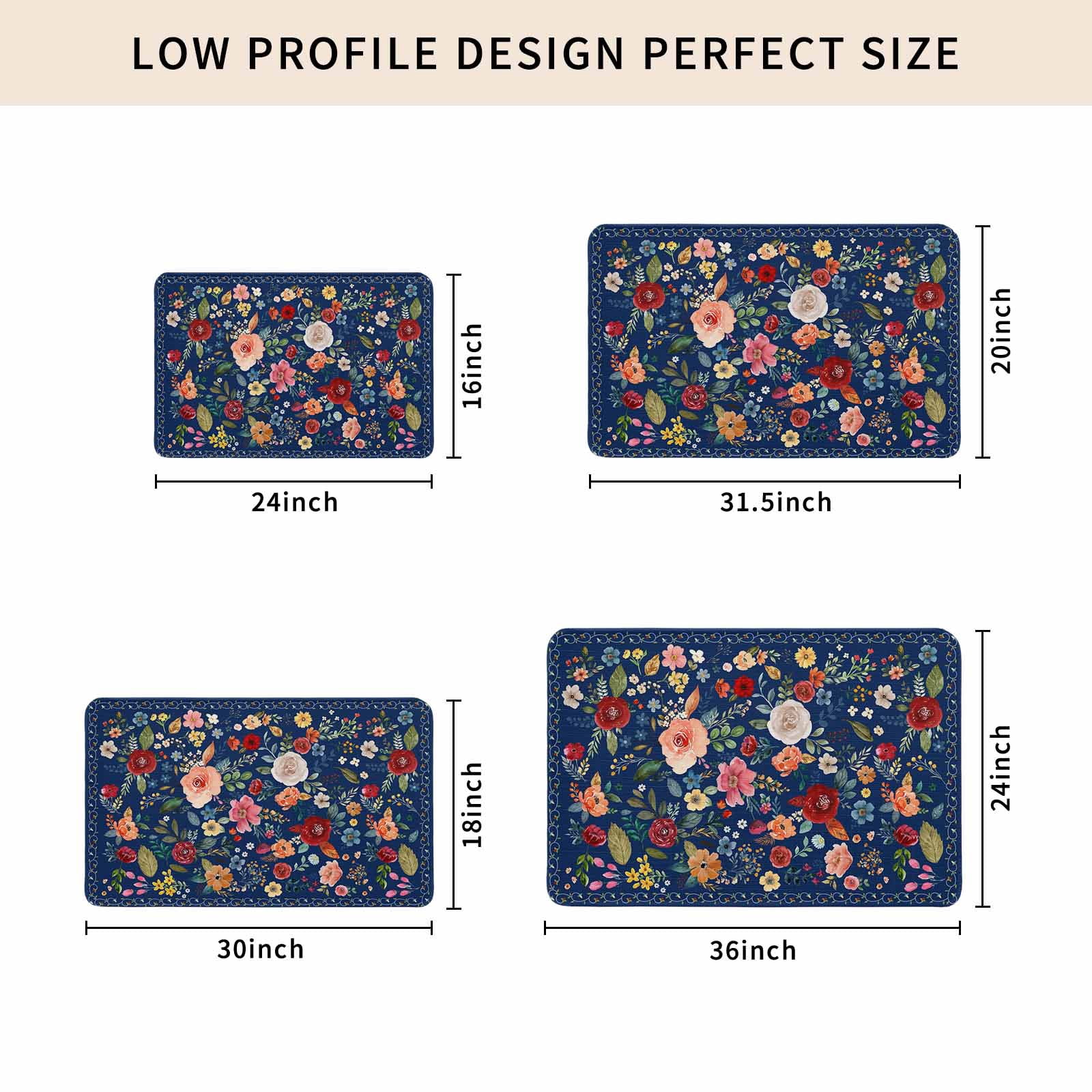 Navy Blue Flowers Doormat Outdoor Entrance 16"x24", Spring Vintage Floral Leaves Farmhouse Absorb Moisture Dirt Door Mats, Non-Slip Rubber Backing Floor Mats Indoor, Low-Profile Front Door Rugs