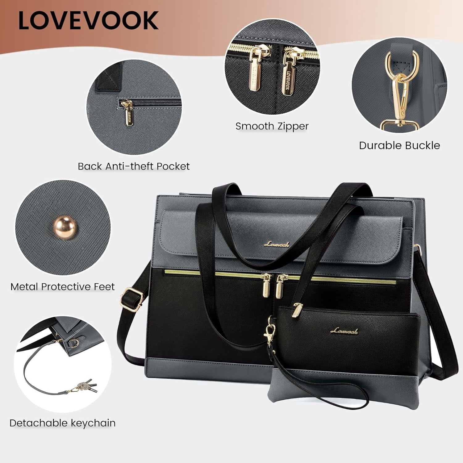 LOVEVOOK Laptop Bag for Women 15.6 Inch Tote Work Professional Leather Computer Briefcase Waterproof Handbag Shoulder Large Capacity Business Teacher Office Crossbody Purse