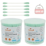 HOMEFOX 400 Count Green Cotton Swab Qtips Ear Buds Organic Spiral & Round Tip