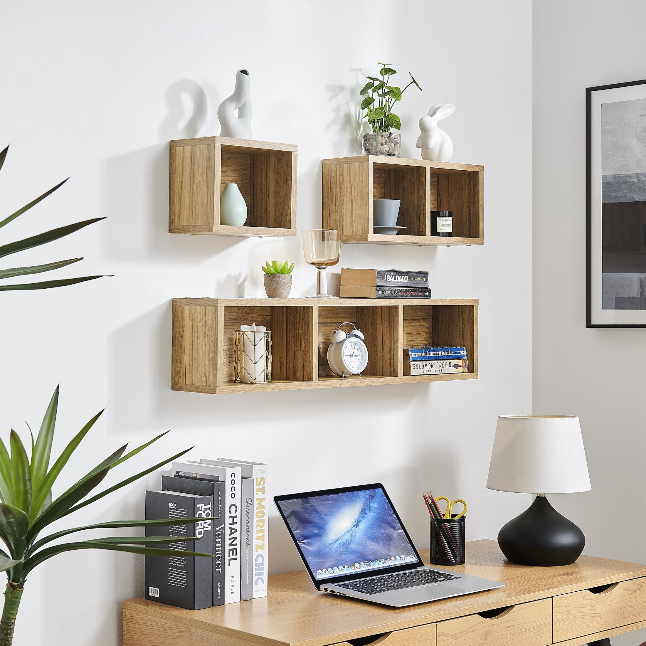 Danya B. Bauhaus Floating Geometric Cubby Wall Shelves - Set of 3 Sizes - Chestnut