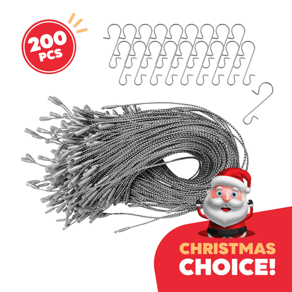 200PCS Ornament Hooks, Christmas Ornament String with Snaps, Christmas Tree Hangers Baubles Ball Metal & Wire Hooks Xmas Decoration S Hooks Holidays Decoration (Silver)