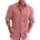 thumbnail image 2 of Camisa con botones para hombre, manga larga, cuello vuelto, patrón liso exterior, estampado interior a cuadros, camisa holgada informal suave para hombre, 2 of 6