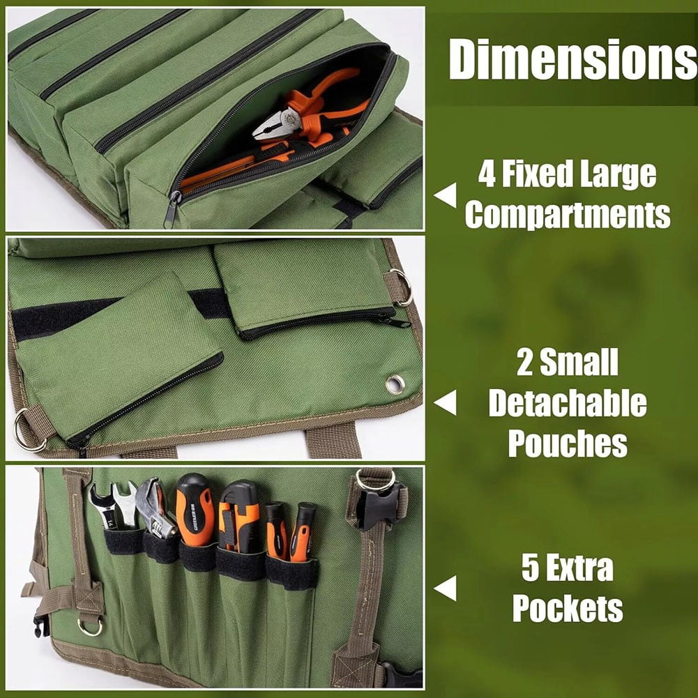 Rolling Tool Bag Tool Roll Up Bag 2 Removable Tool Pockets 4 Large Tool Compartments Waterproof For Car Repair Green Smile Home