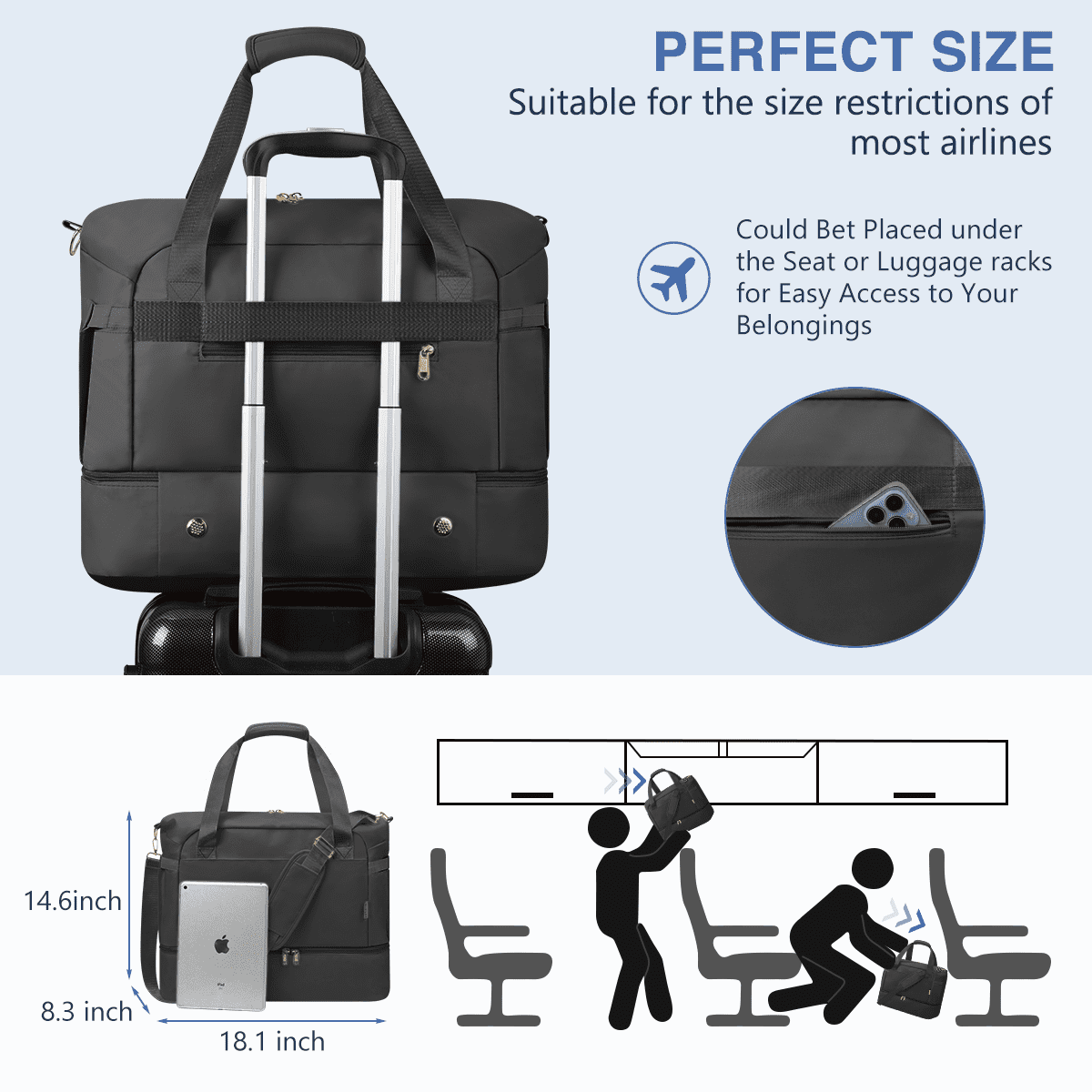 3Pcs Travel Duffel Bag, Tote Gym Bag with Shoes Compartment & Shoes Bag, Weekender Overnight for Women with Wet Pocket & USB Charging Port, Carry On Bag for Women, Travel, Gym, Weekend, Black