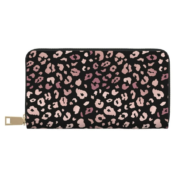 Leather Thin Slim Wallets for Women Men - Trendy shiny rose gold leopard Clutch Card Wallet for Women Men with Zipper
