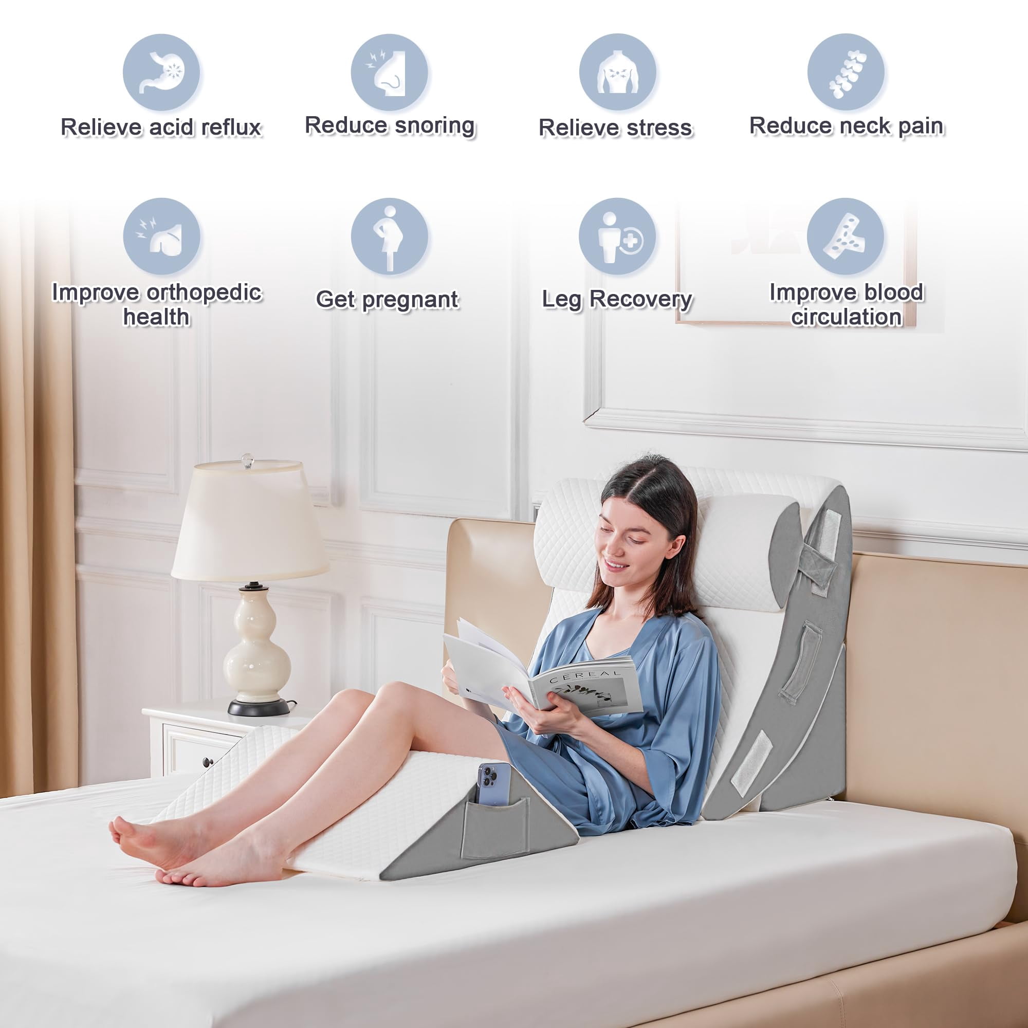 4pcs Bed Wedge Pillow Set For Sleeping  Foam Body And Leg Triangle Adjustable Support - Acid Reflux Anti &
