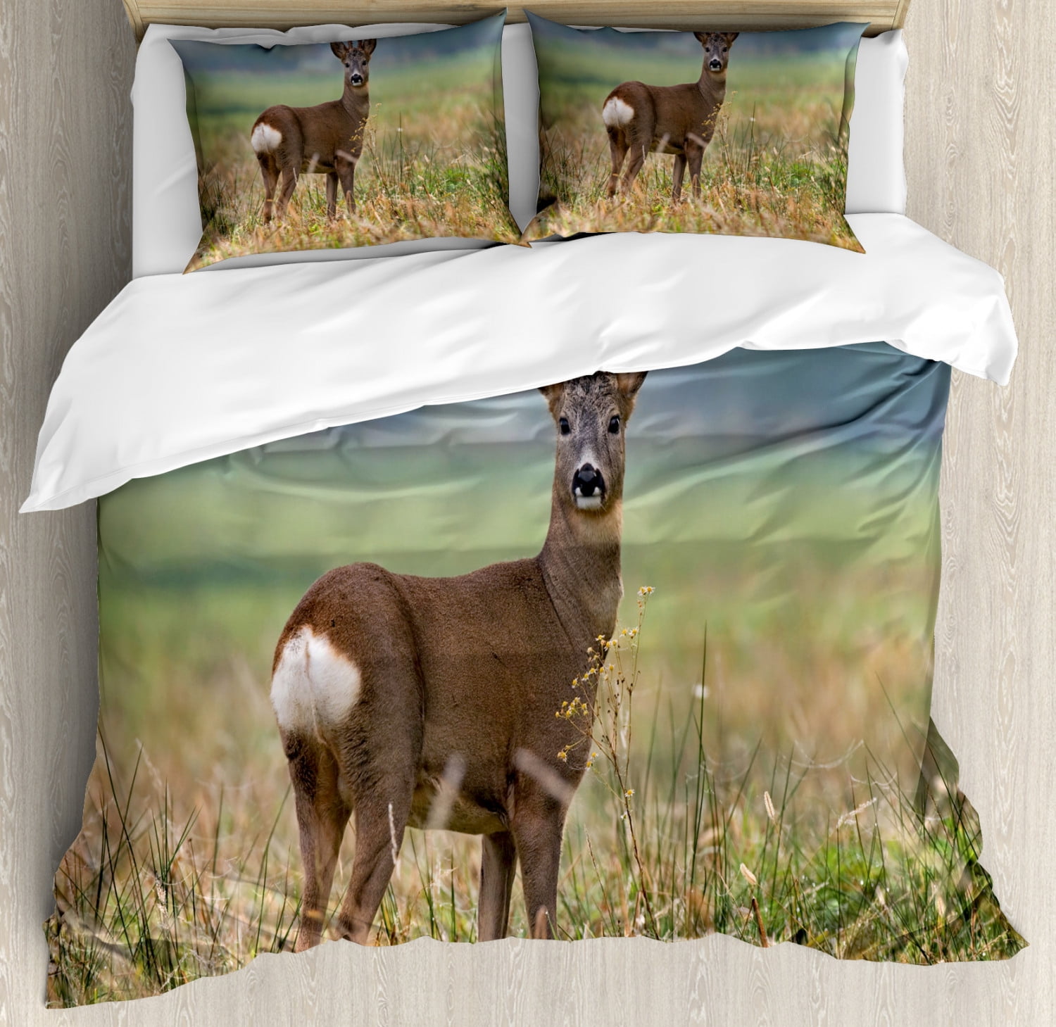 Hunting Duvet Cover Set Queen Size, Roe Deer Male Capreolus Western