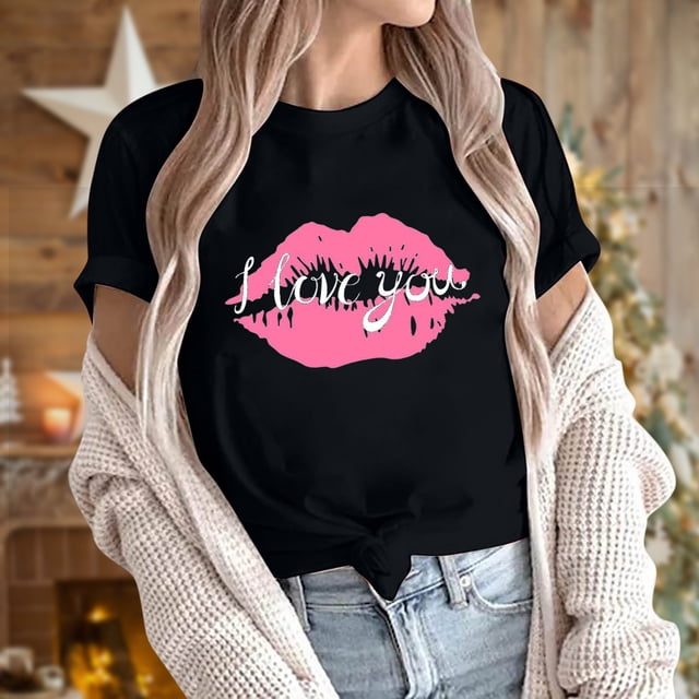 Qiopertar Mode Adulte Manches Courtes Col Rond Impression de la Saint-Valentin Blouse Décontractée T-Shirt Hauts Chemise Liquidation Livraison Gratuite Offres de la Semaine Liquidation