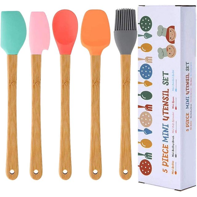 Set de 5 Espátulas de Silicona, Raspadores con Mango de Bambú, Cepillo de Silicona Antiadherente Resistente al Agua Calor, utensilios de cocina de calidad Alimentos para cocinar y mezclar JFHHH pequeña