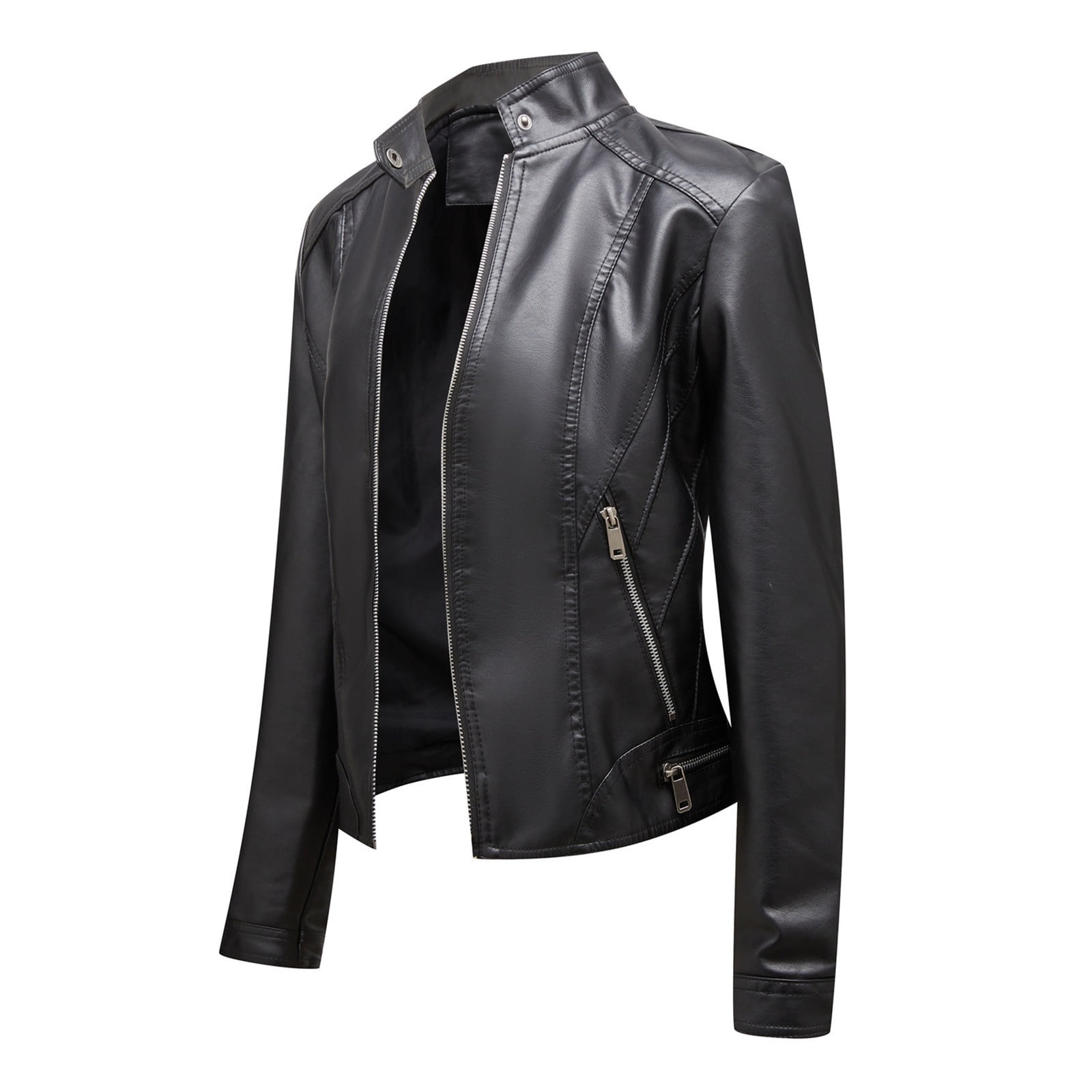 QATAINLAV Women's Fashion Faux Leather Motorcycle Jackets Casual Zipper Long Sleeve Short Coat Streetwear, Black, L