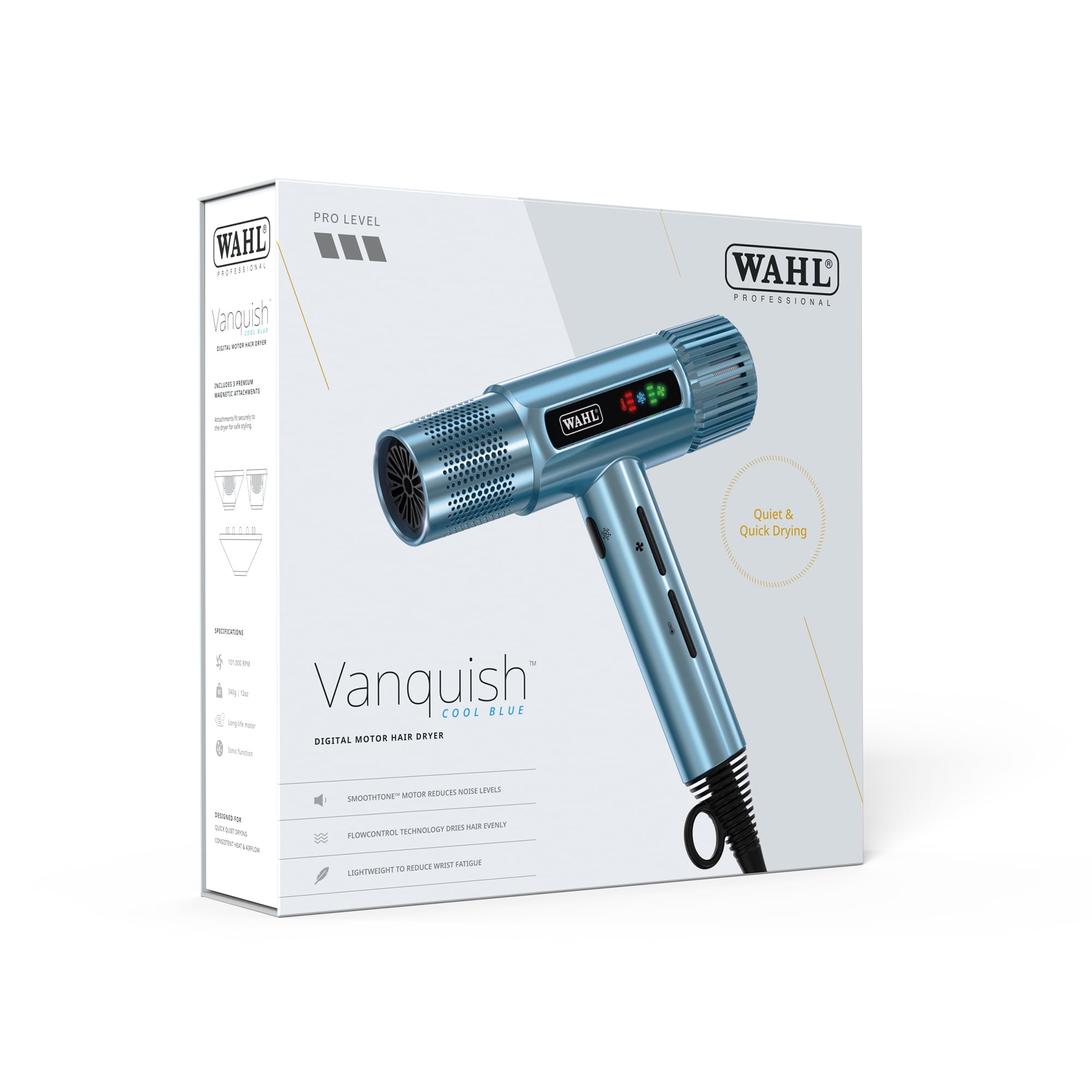 Wahl Professional Cool Blue Vanquish Hair Dryer with Digital Motor, LED Display, Ionic Technology, and SmoothTone™ Sound Reduction