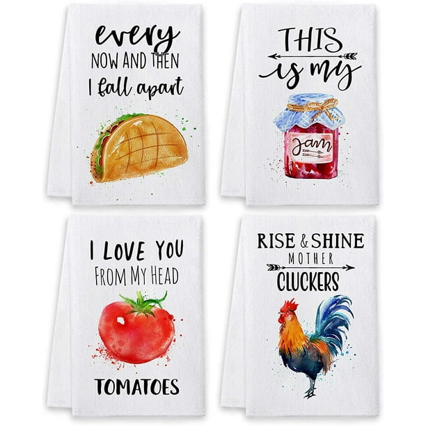 Funny Kitchen Towels and Dishcloths Sets of 4, Cute Quotes Dish Towels with  Sayings, Fun White Farmhouse Absorbent Tea Towels Housewarming Gifts Decor  Essentials for New Home 