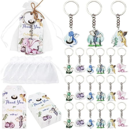 Serencatcher 72Pcs Dragon Party Favors, Dragon Baby Shower Decorations, Watercolor Dragon Thank You Tags Keychain White Organza Bags for Hatching Soon Baby Shower Birthday Party Supplies
